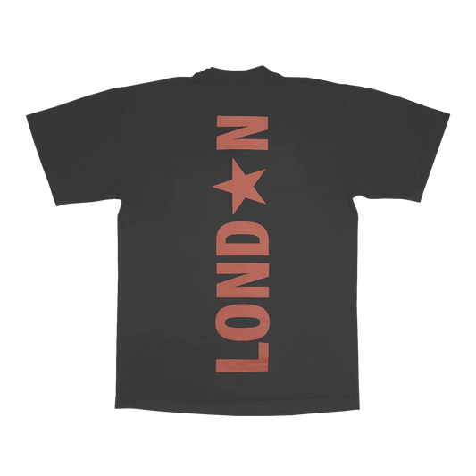 Grey t-shirt back with bold vertical London text and star graphic in muted red tone