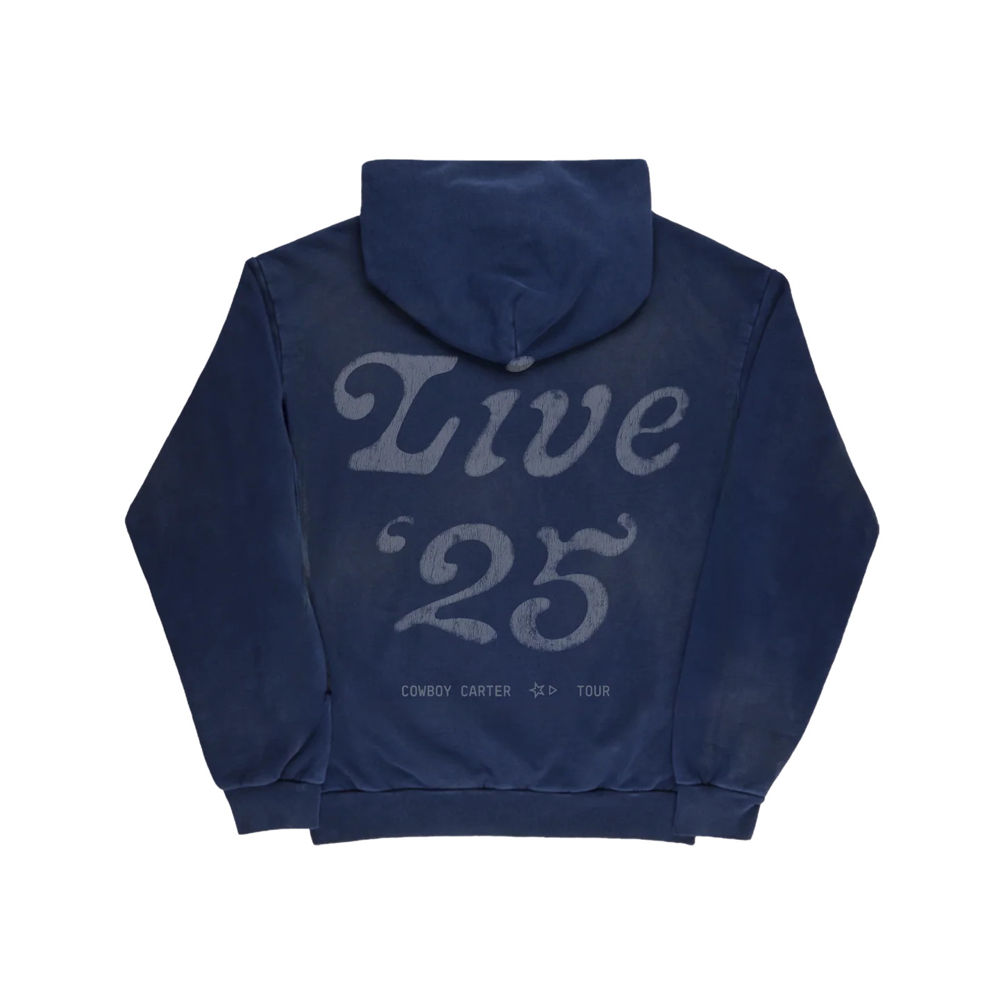 Navy blue hoodie back with large “Live ‘25” graphic and Cowboy Carter tour text