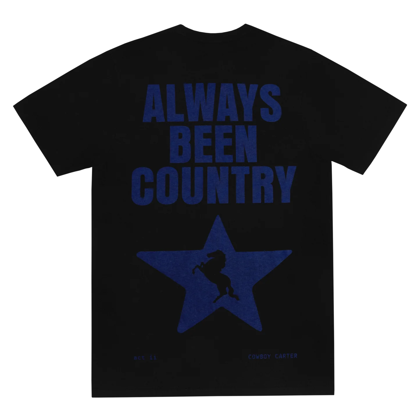 Black t-shirt back featuring always been country text with blue star graphic and cowboy silhouette design