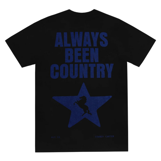 Black t-shirt back featuring always been country text with blue star graphic and cowboy silhouette design