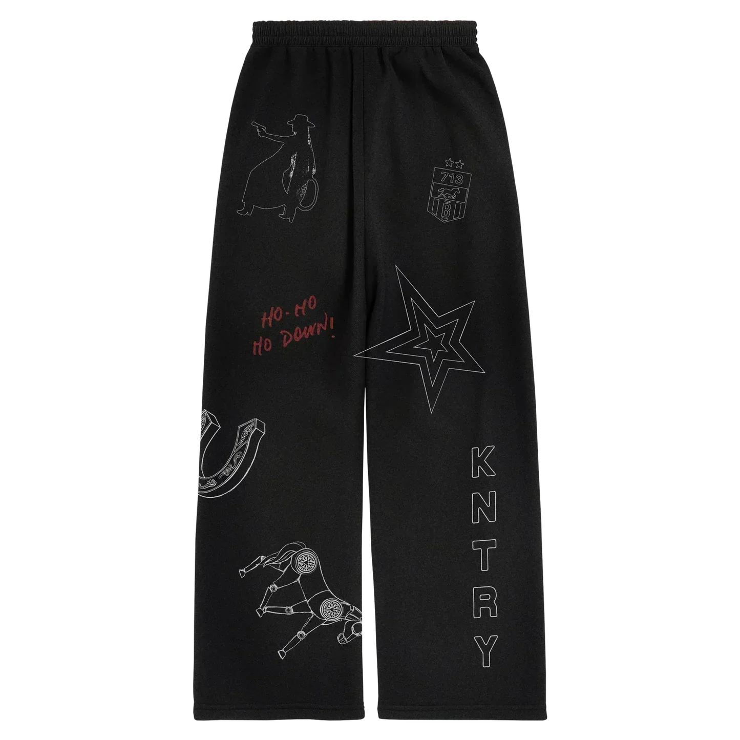 Black sweatpants with country themed graphics including star, horse and KNTRY text design