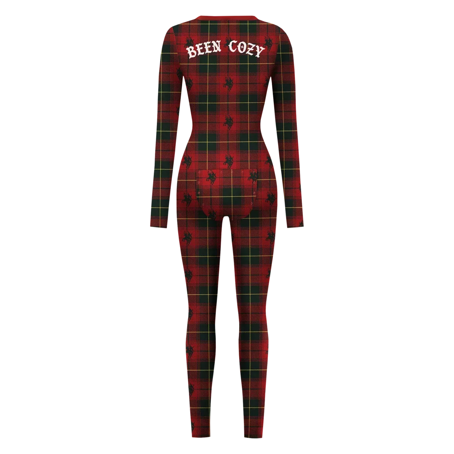 Red plaid onesie with cowboy print and Been Cozy text on back in white lettering