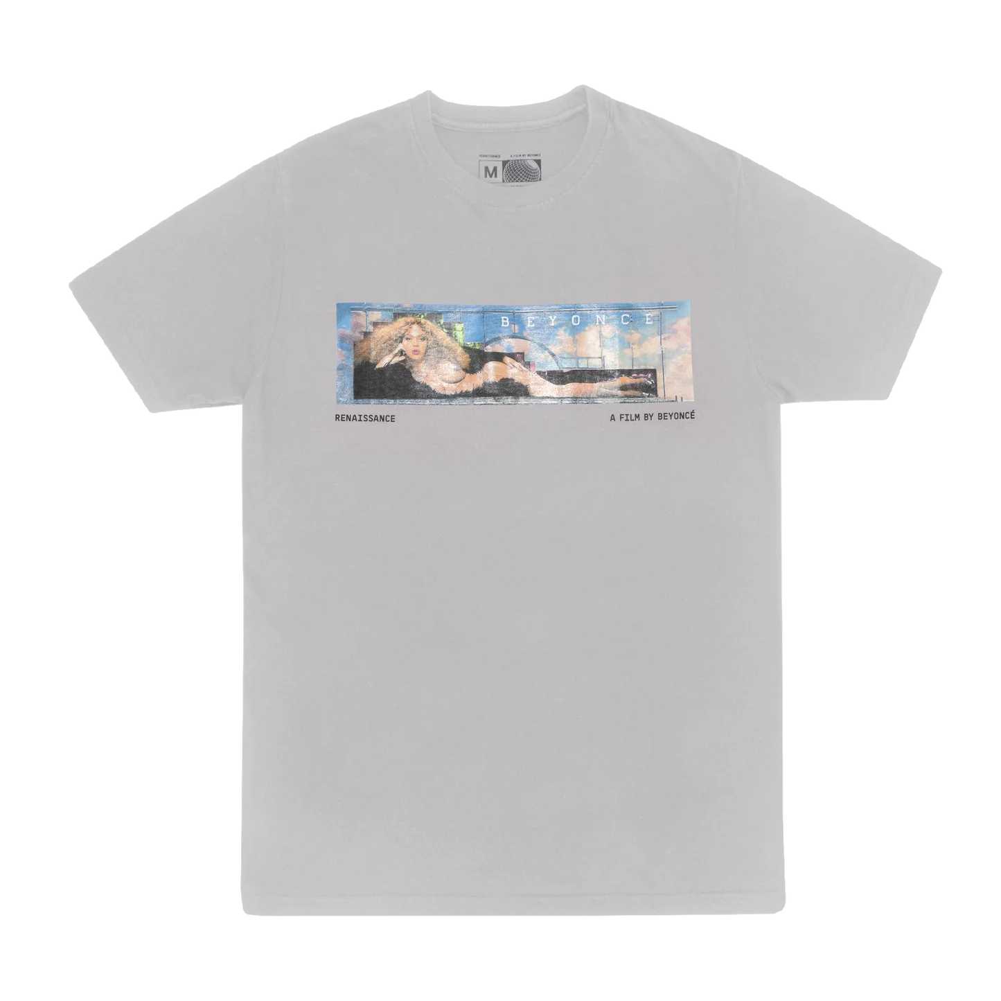 Grey t-shirt front featuring renaissance billboard style Beyoncé graphic with cinematic film text design