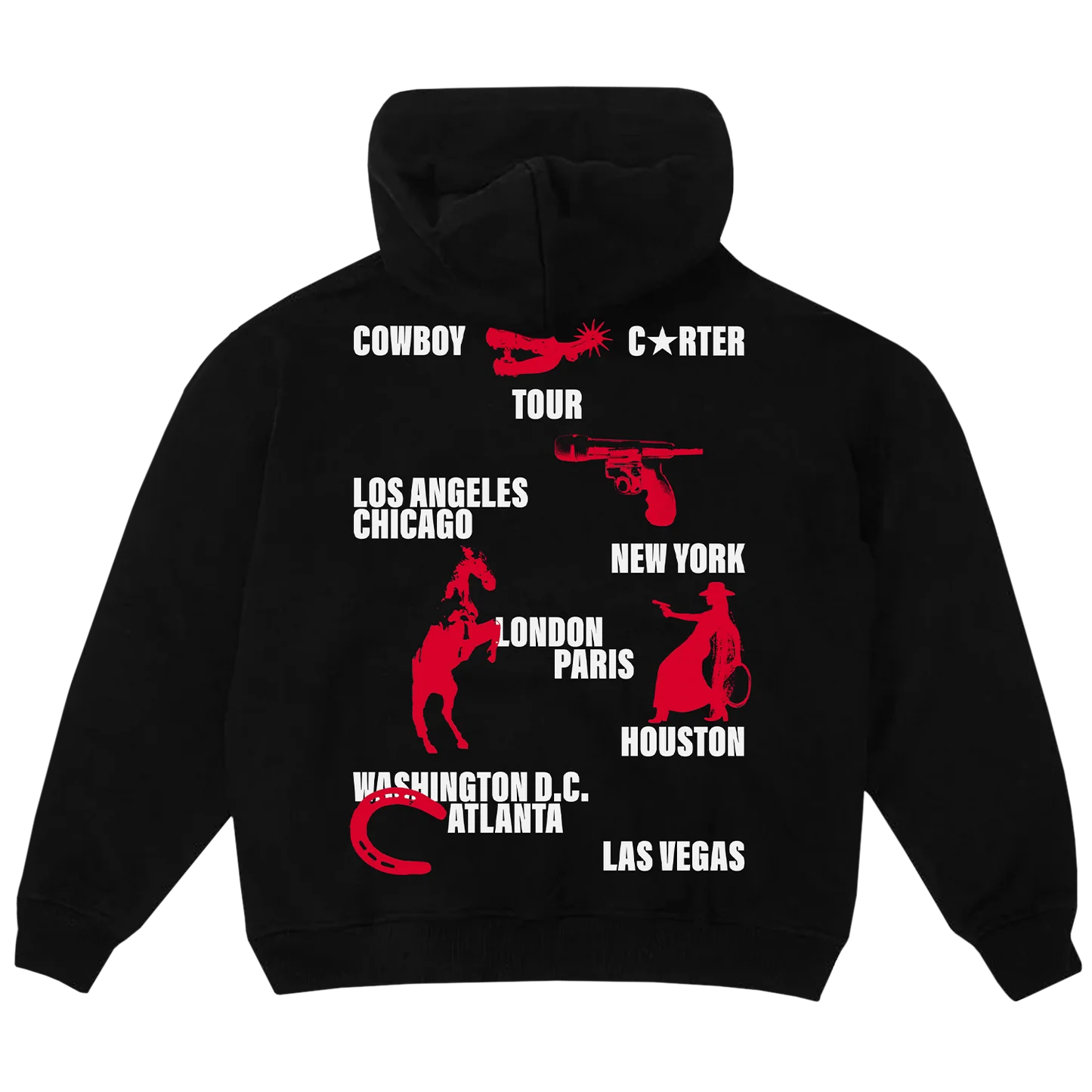 Black zip hoodie back with Cowboy Carter tour graphics, red illustrations, and city names print