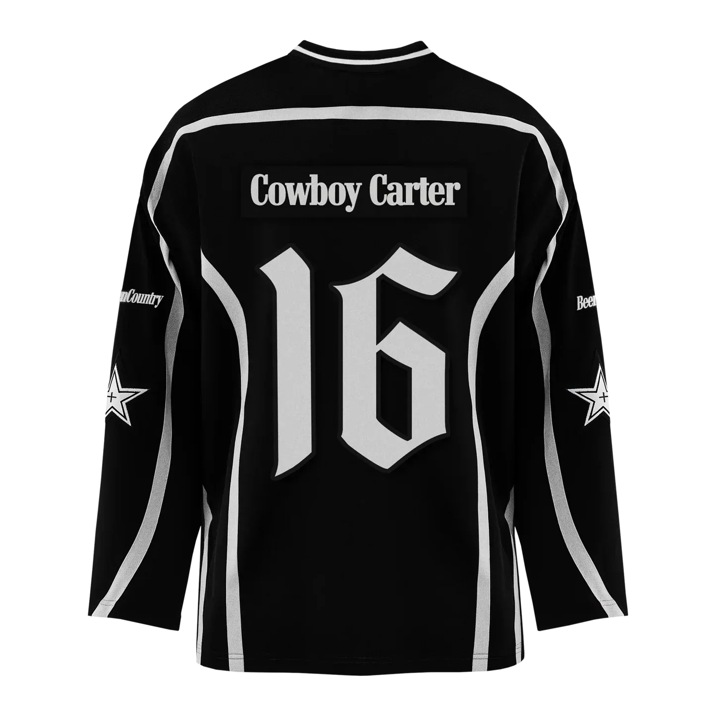 Black hockey jersey back with “Cowboy Carter 16” number print and white stripe accents