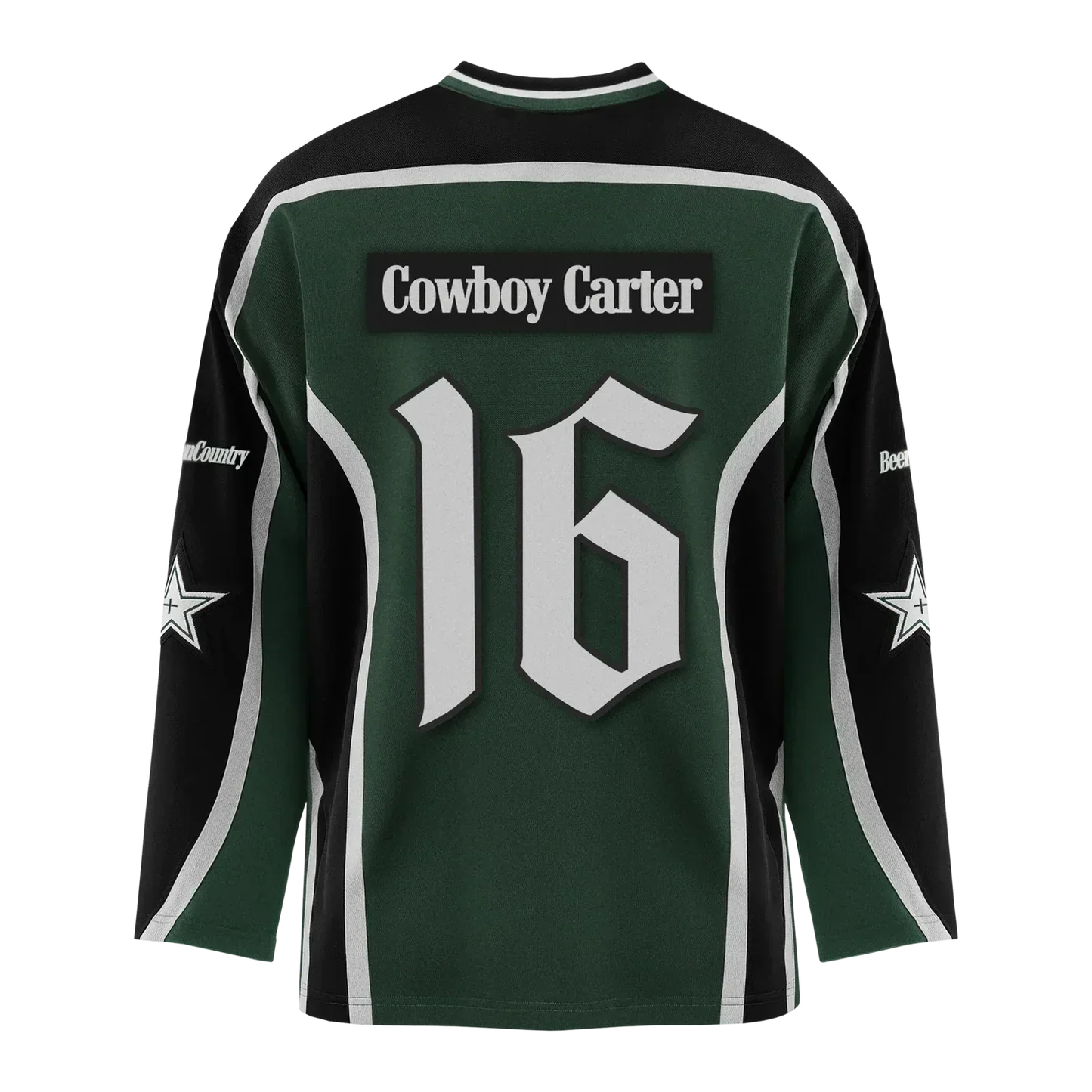 Green hockey jersey with Cowboy Carter text and large number 16 on back