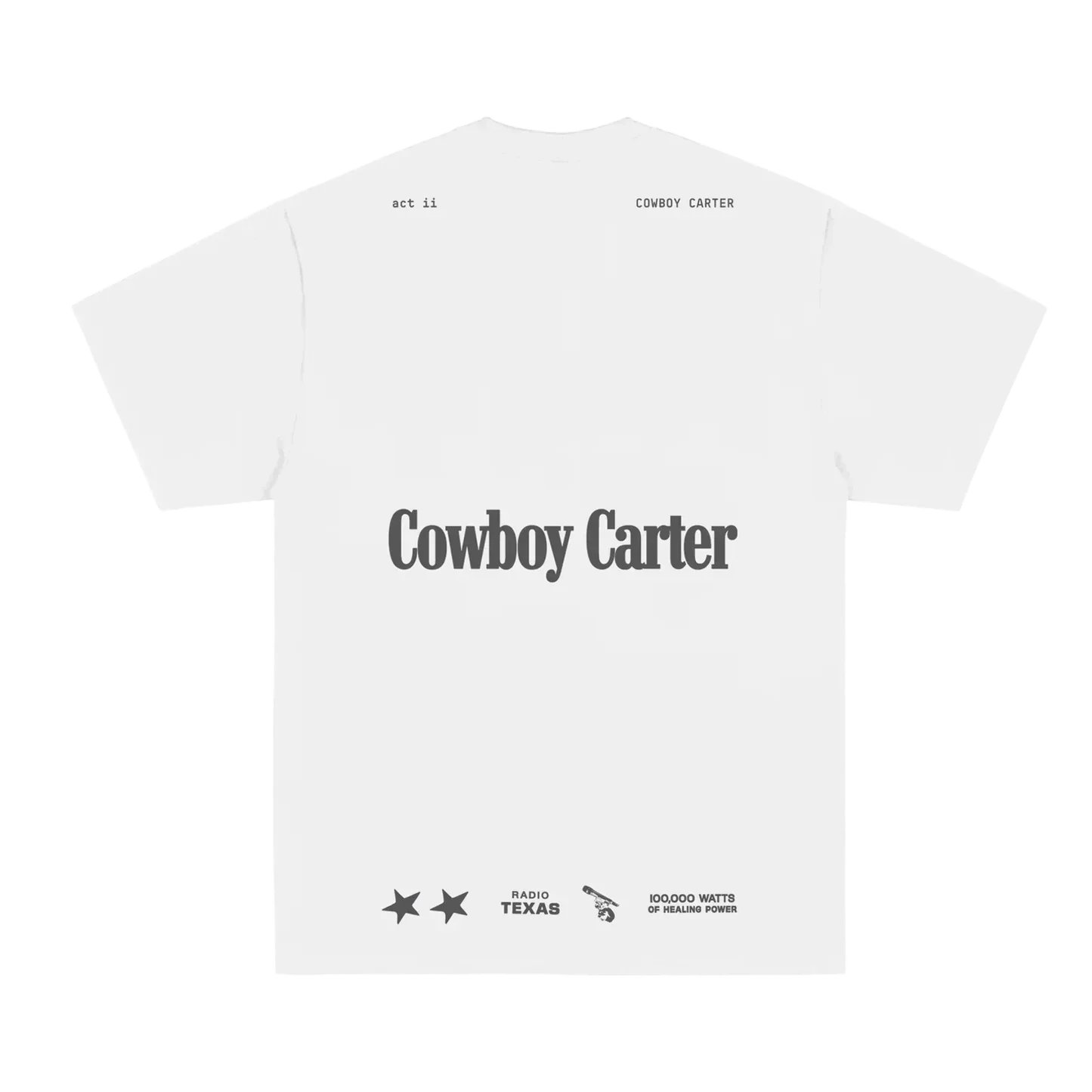 White t-shirt back with Cowboy Carter text, act ii details and western themed icons with Texas radio reference