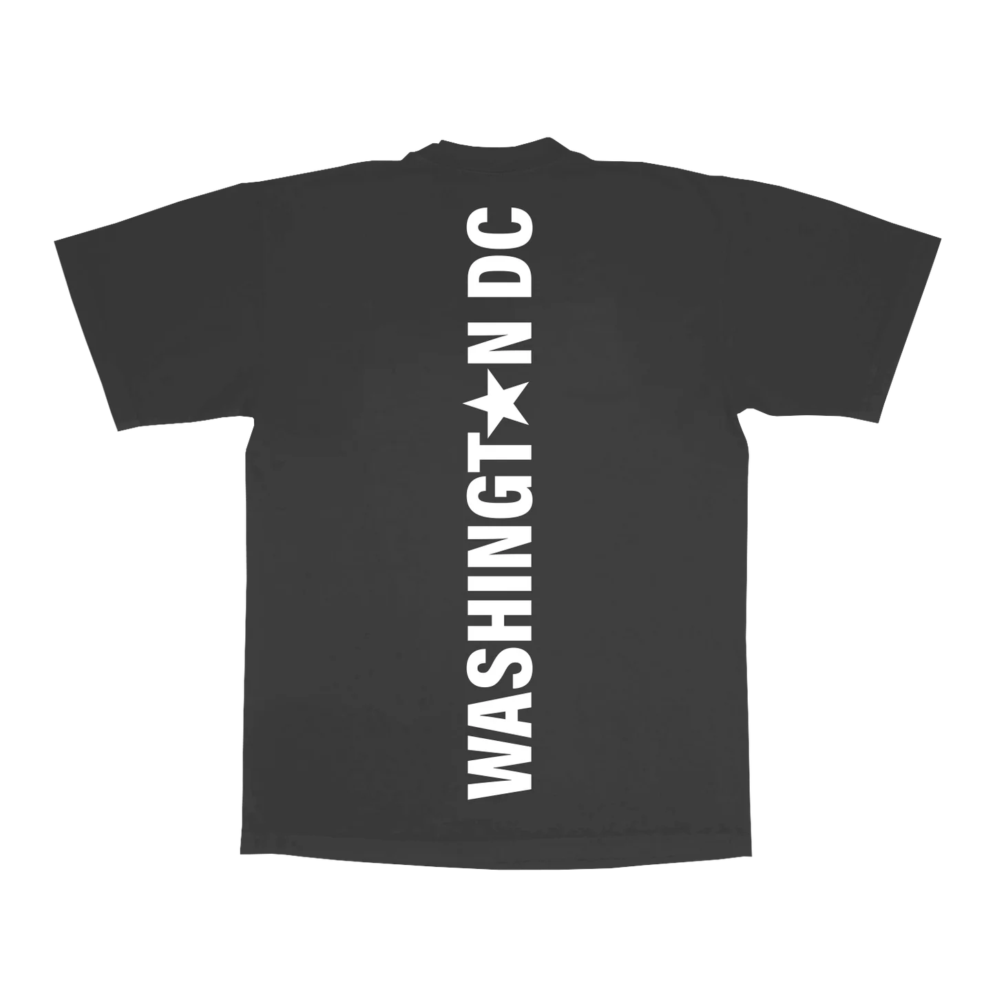 Grey t-shirt back featuring vertical washington dc text with star graphic in bold white lettering