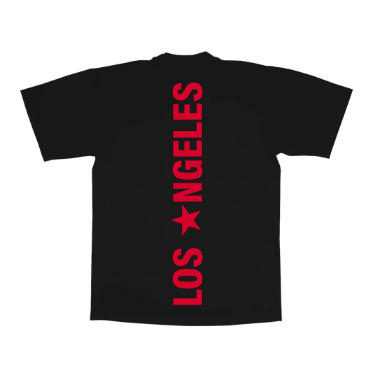 Black t-shirt back featuring bold vertical Los Angeles text in red with star graphic