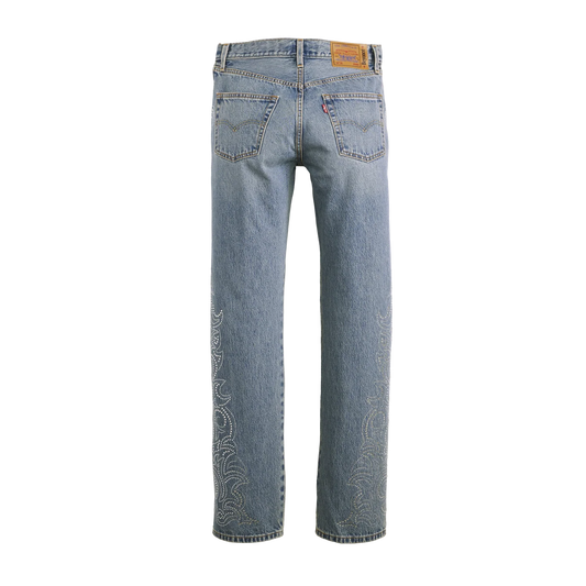 Blue denim Levi’s 501 curve jeans back with classic pockets and crystal western detailing