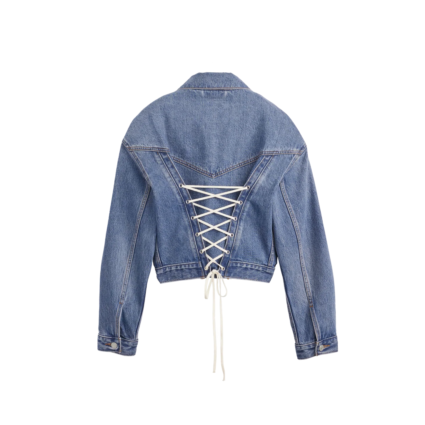 Cropped denim jacket back with lace-up corset detailing and adjustable tie closure