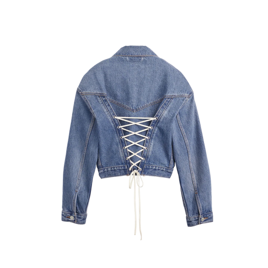 Cropped denim jacket back with lace-up corset detailing and adjustable tie closure
