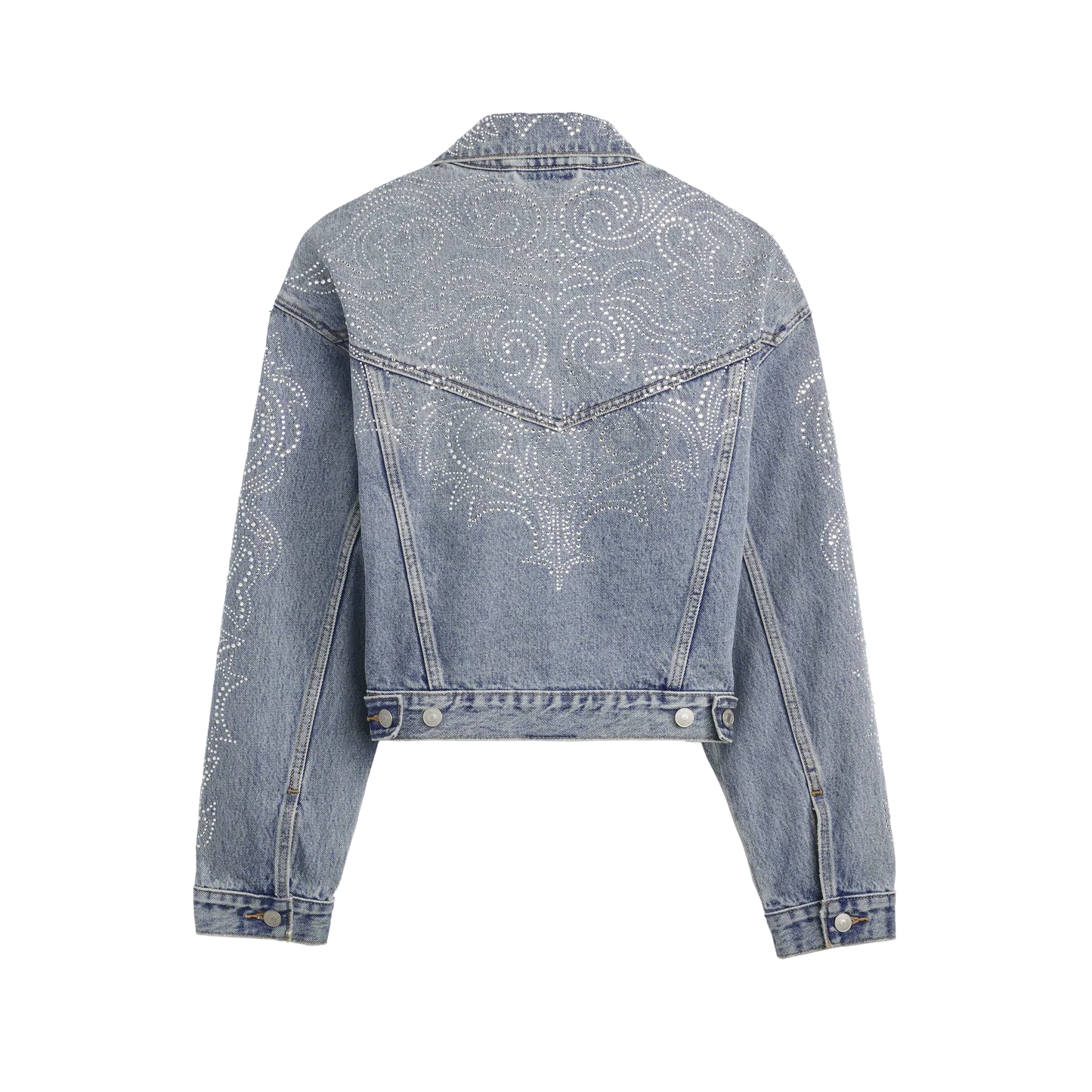Light wash denim jacket back with intricate crystal western design across shoulders and back