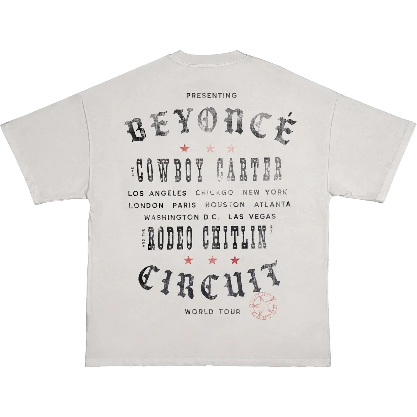 Cream t-shirt back with Beyoncé Cowboy Carter world tour text and city list in vintage western style