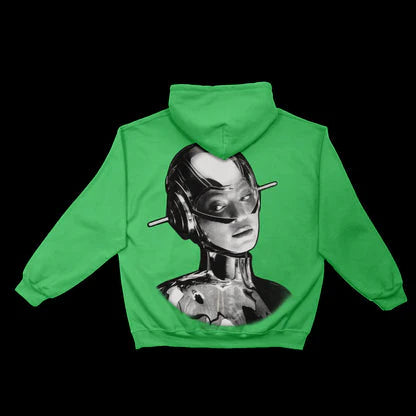 Green hoodie back with futuristic robotic face graphic in black and white design