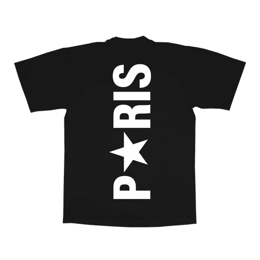 Black t-shirt back with bold vertical Paris text and star graphic in white minimalist design