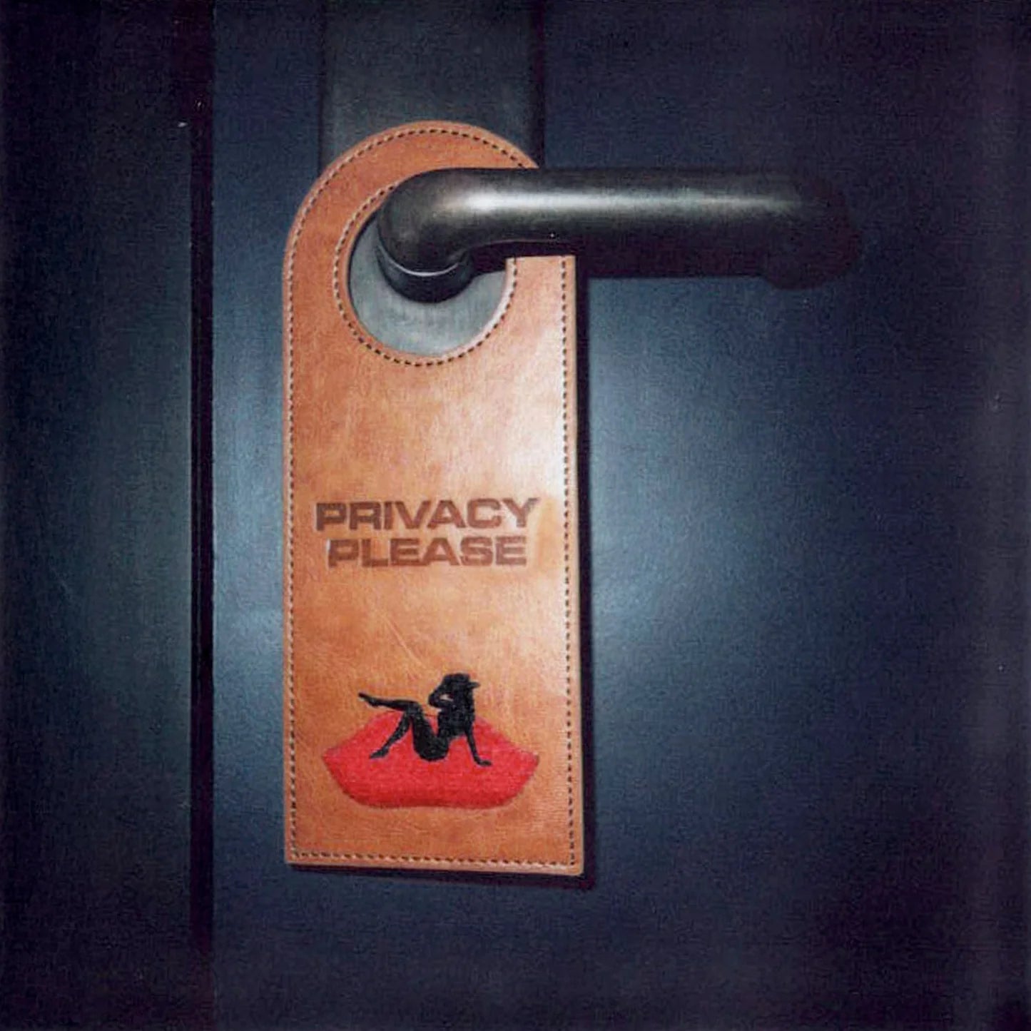 Brown leather door tag hanging on handle with Privacy Please text and Beyoncé silhouette graphic