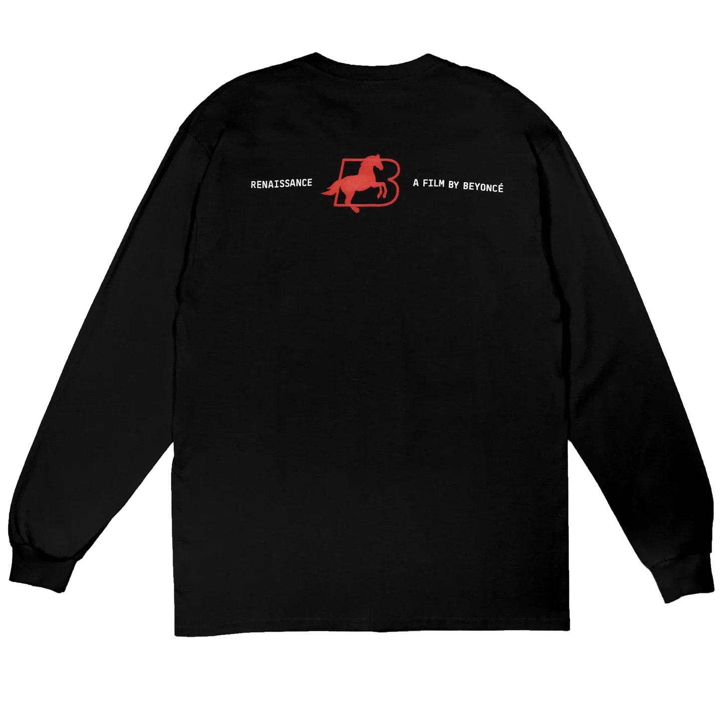 Black long sleeve t-shirt with red horse logo and Renaissance A Film by Beyoncé text on back