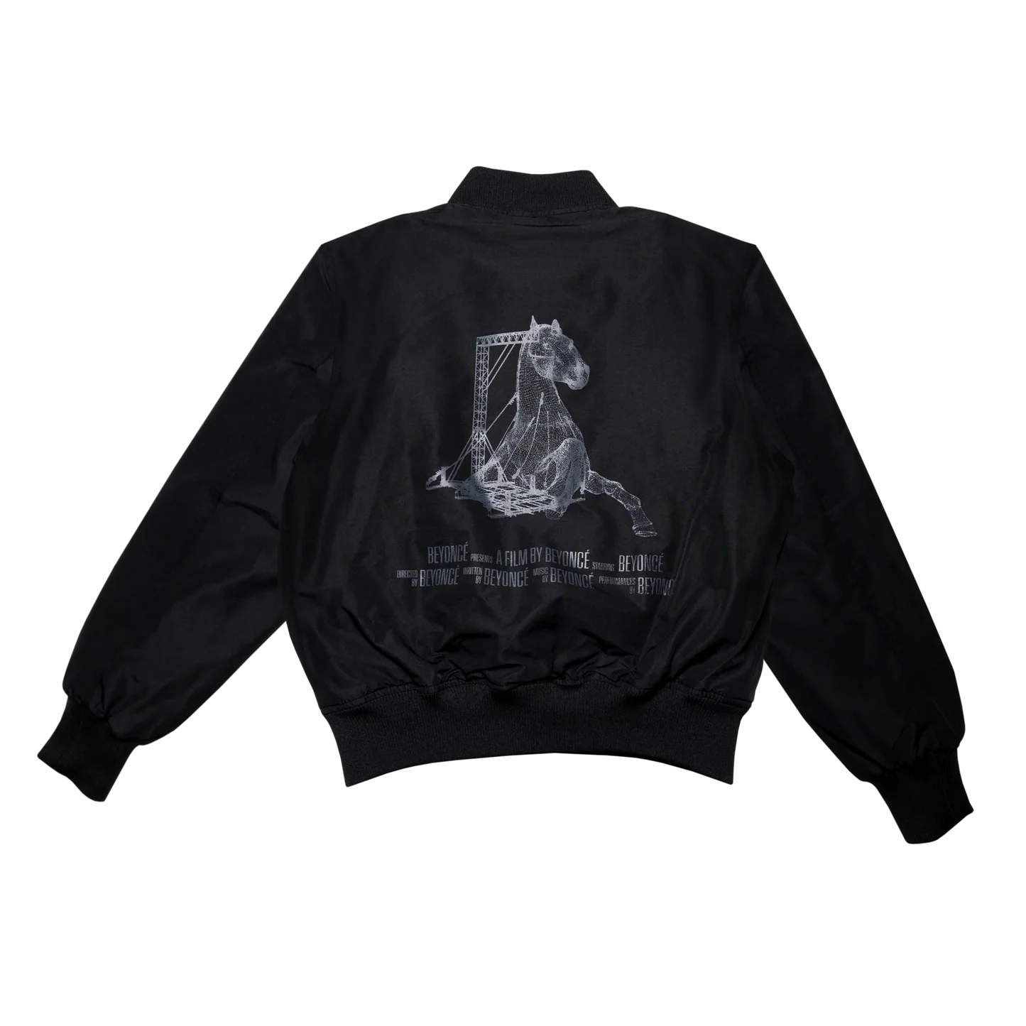 Black bomber jacket with white horse graphic and Beyoncé film text on back
