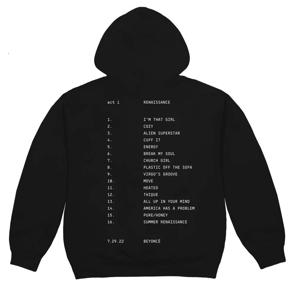 Black hoodie back with Renaissance tracklist text print and Beyoncé branding