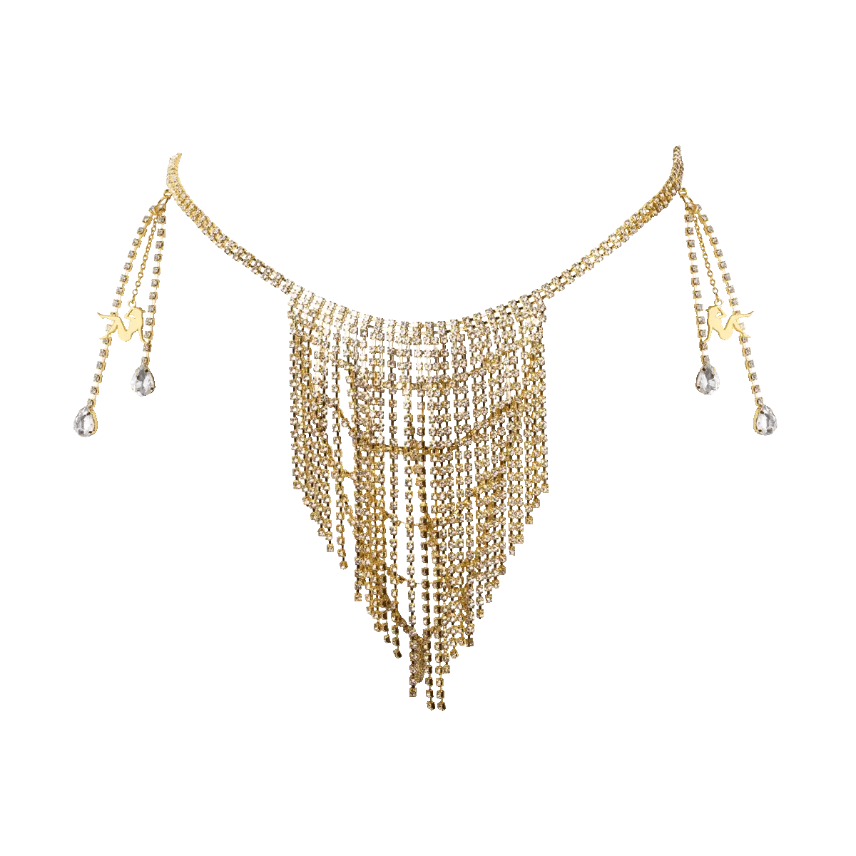 Gold rhinestone draped chain belt with layered crystal fringe detail