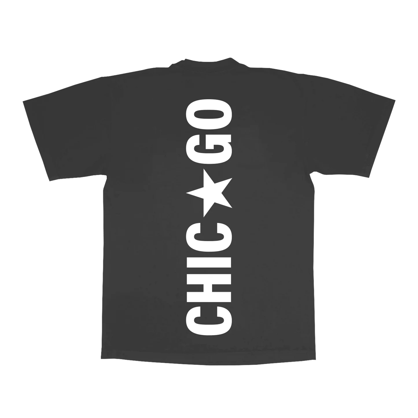 Grey t-shirt back with bold vertical Chicago text and star graphic