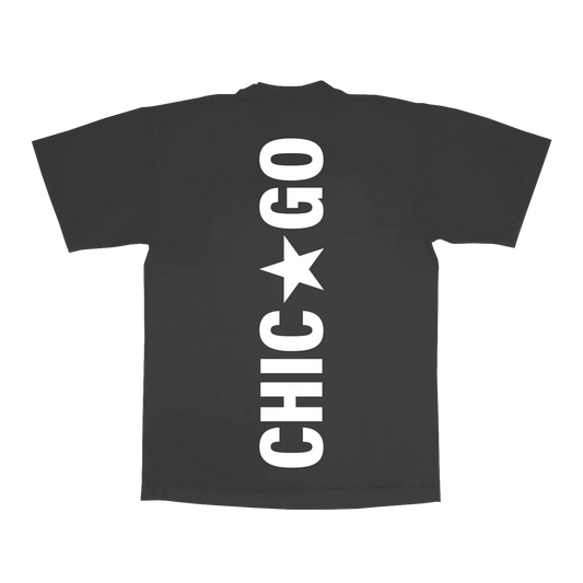 Grey t-shirt back with bold vertical Chicago text and star graphic