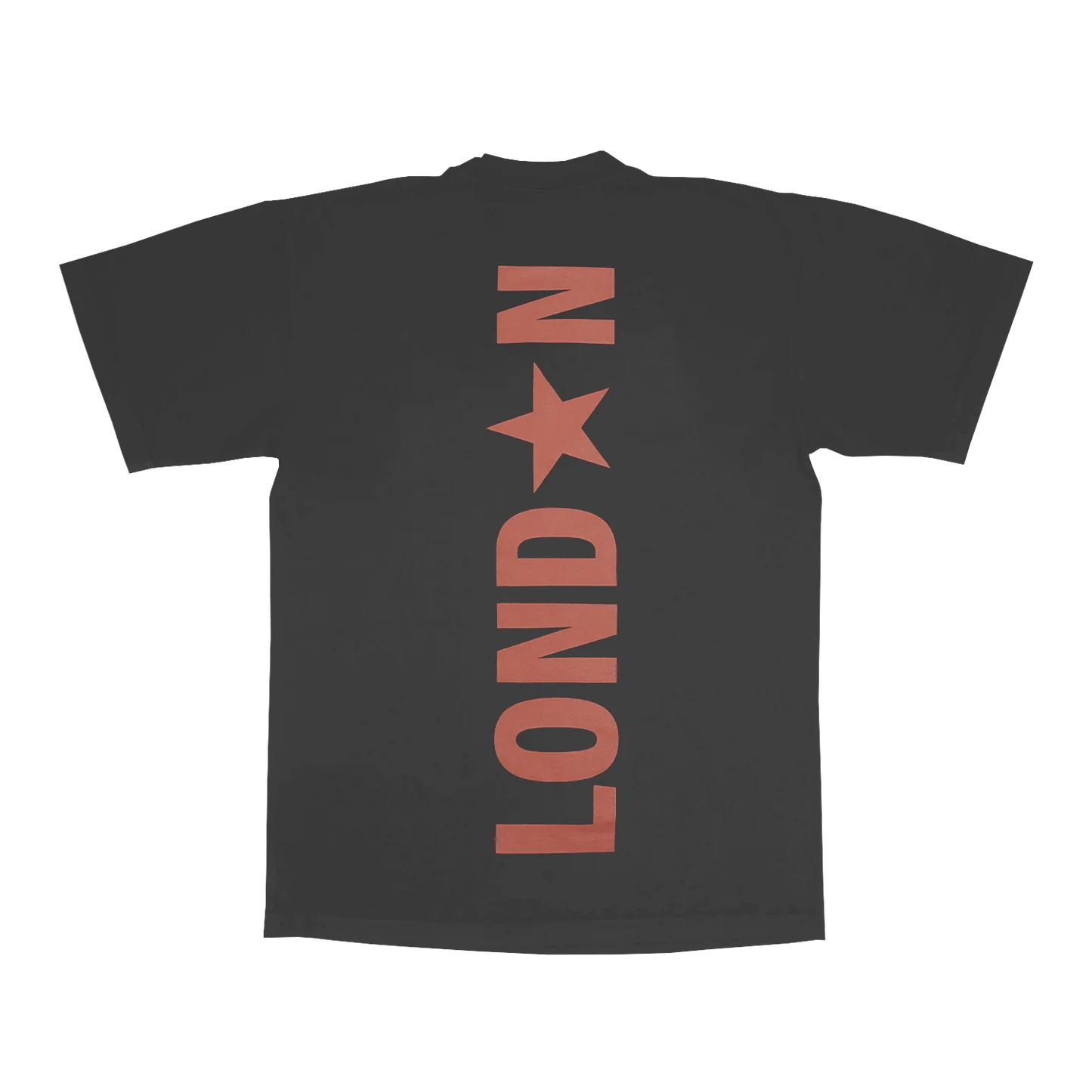 Grey t-shirt back with bold vertical London text and star graphic in muted red tone