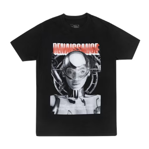 Black short sleeve t-shirt front featuring monochrome Beyoncé portrait graphic in vintage silver screen style