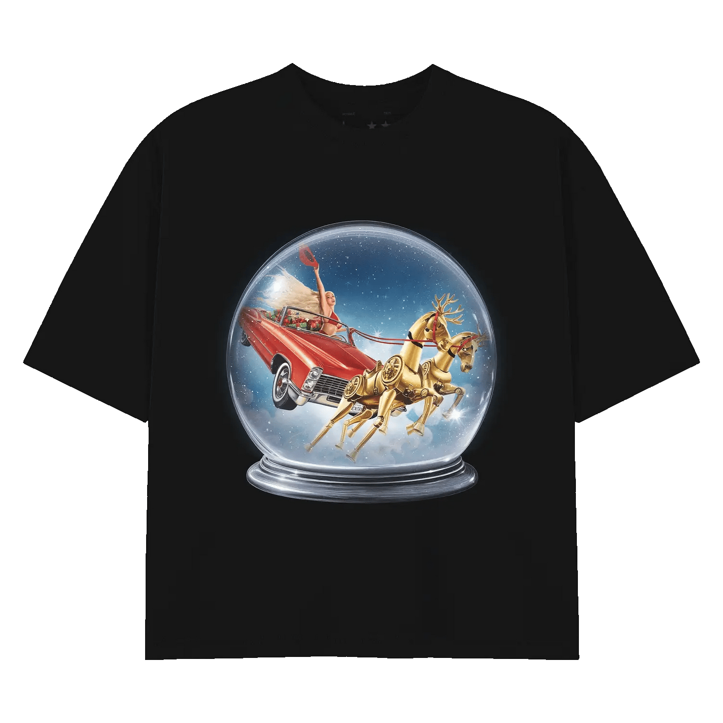 Black t-shirt front featuring Sleighyoncé graphic of Beyoncé in red car with golden reindeer inside snow globe
