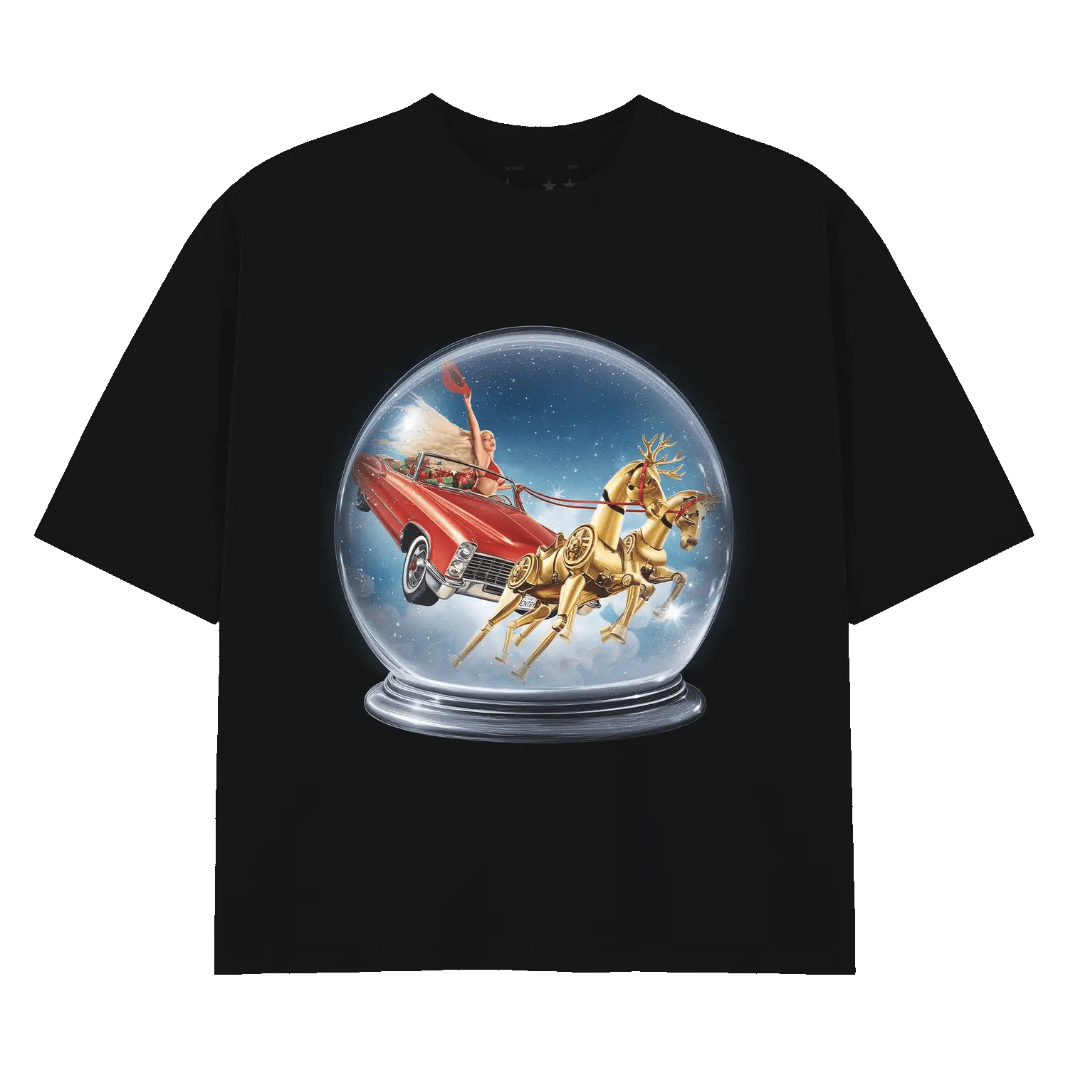 Black t-shirt front featuring Sleighyoncé graphic of Beyoncé in red car with golden reindeer inside snow globe