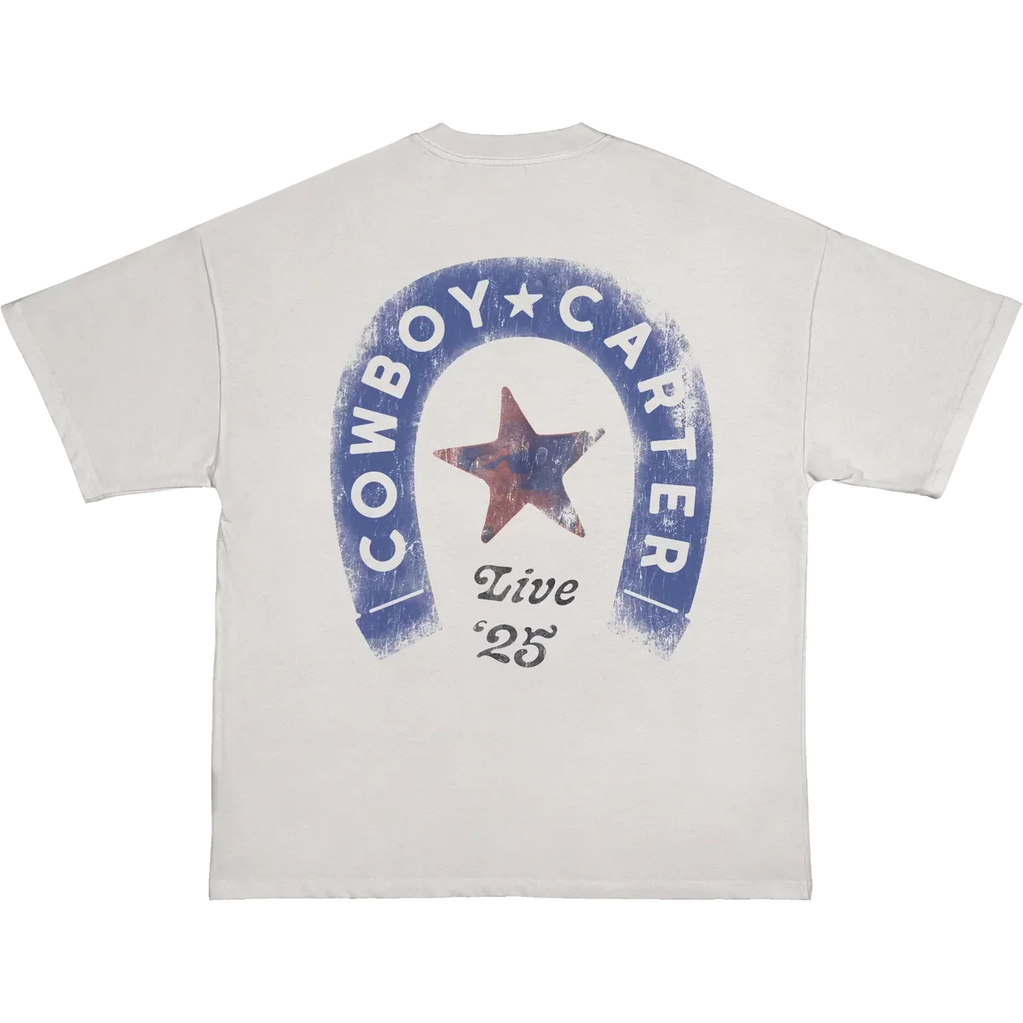 White t-shirt back with cowboy carter horseshoe graphic and live 25 text