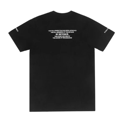 Black t-shirt back featuring white text graphic referencing Beyoncé Renaissance album