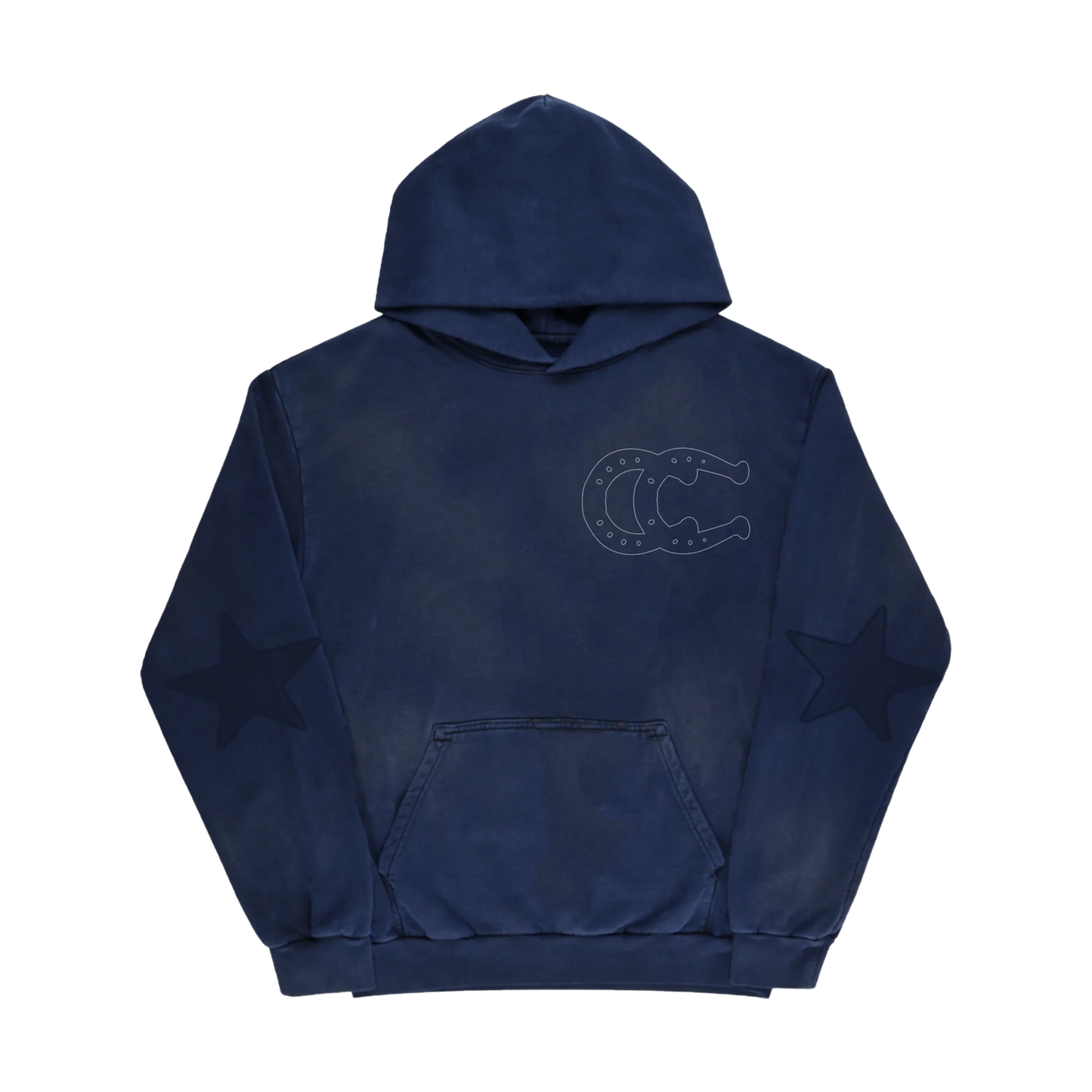 Navy blue hoodie featuring subtle “C” logo chest print with tonal star sleeve details