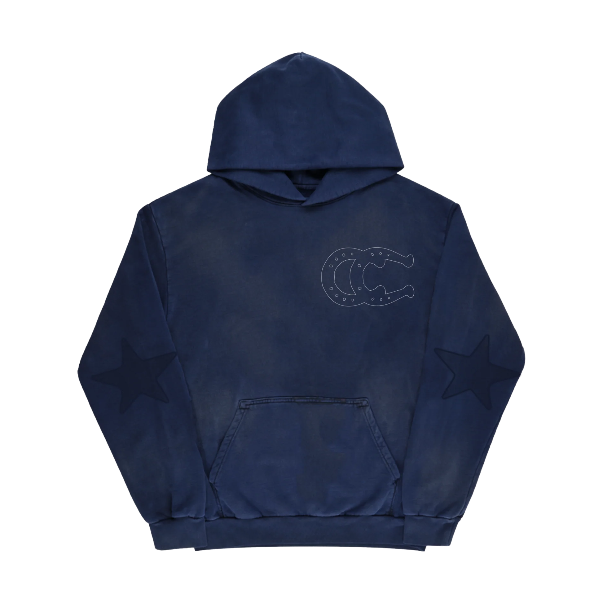Navy blue hoodie featuring subtle “C” logo chest print with tonal star sleeve details