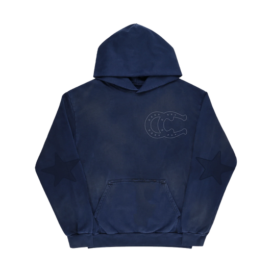 Navy blue hoodie featuring subtle “C” logo chest print with tonal star sleeve details
