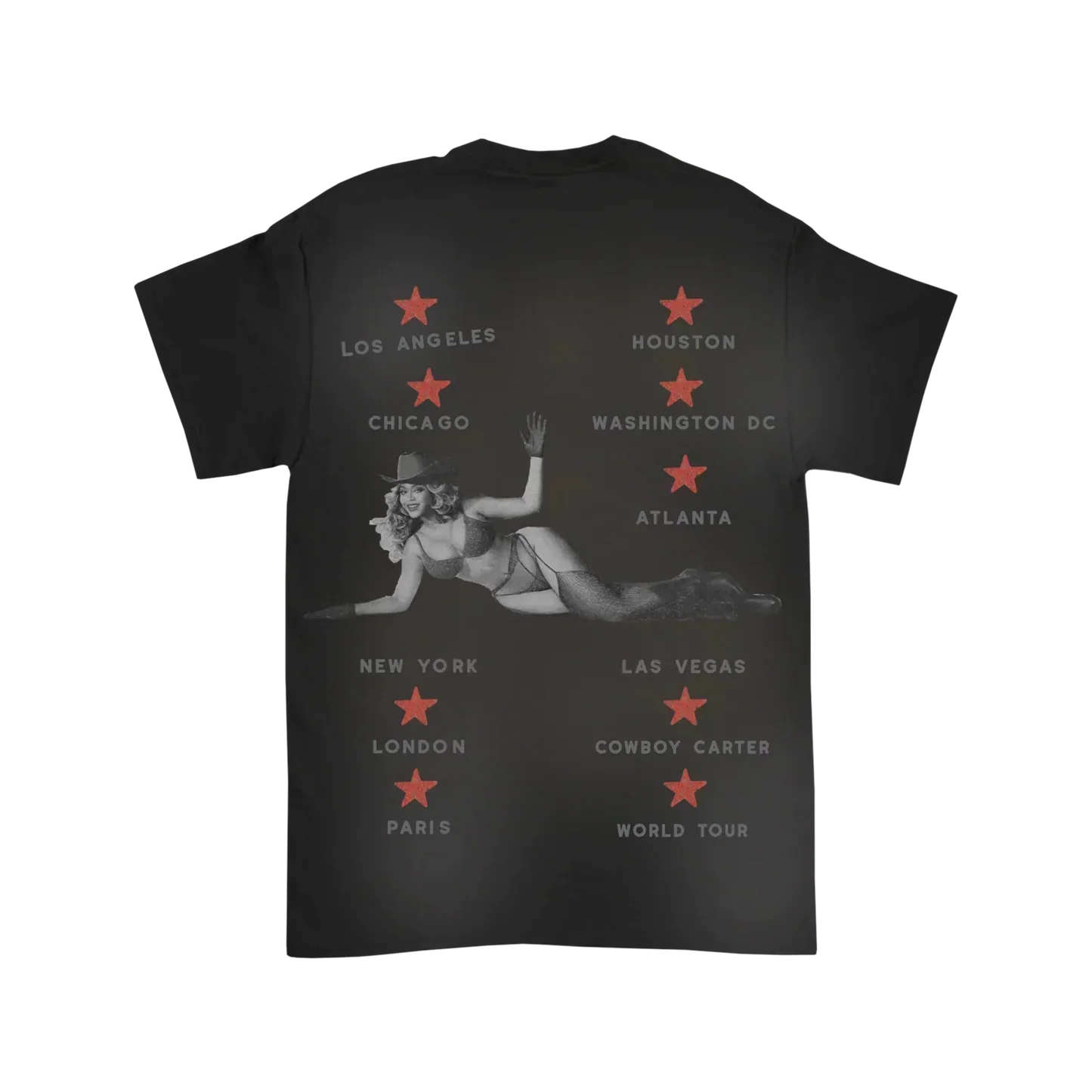 Black t-shirt back with Beyoncé graphic and tour cities list with red star accents