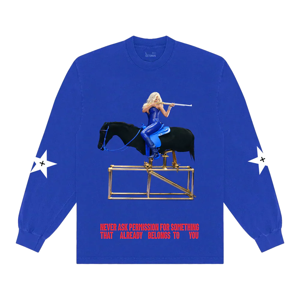 Blue long sleeve tee featuring Beyoncé on horse graphic with red slogan text and star sleeve details