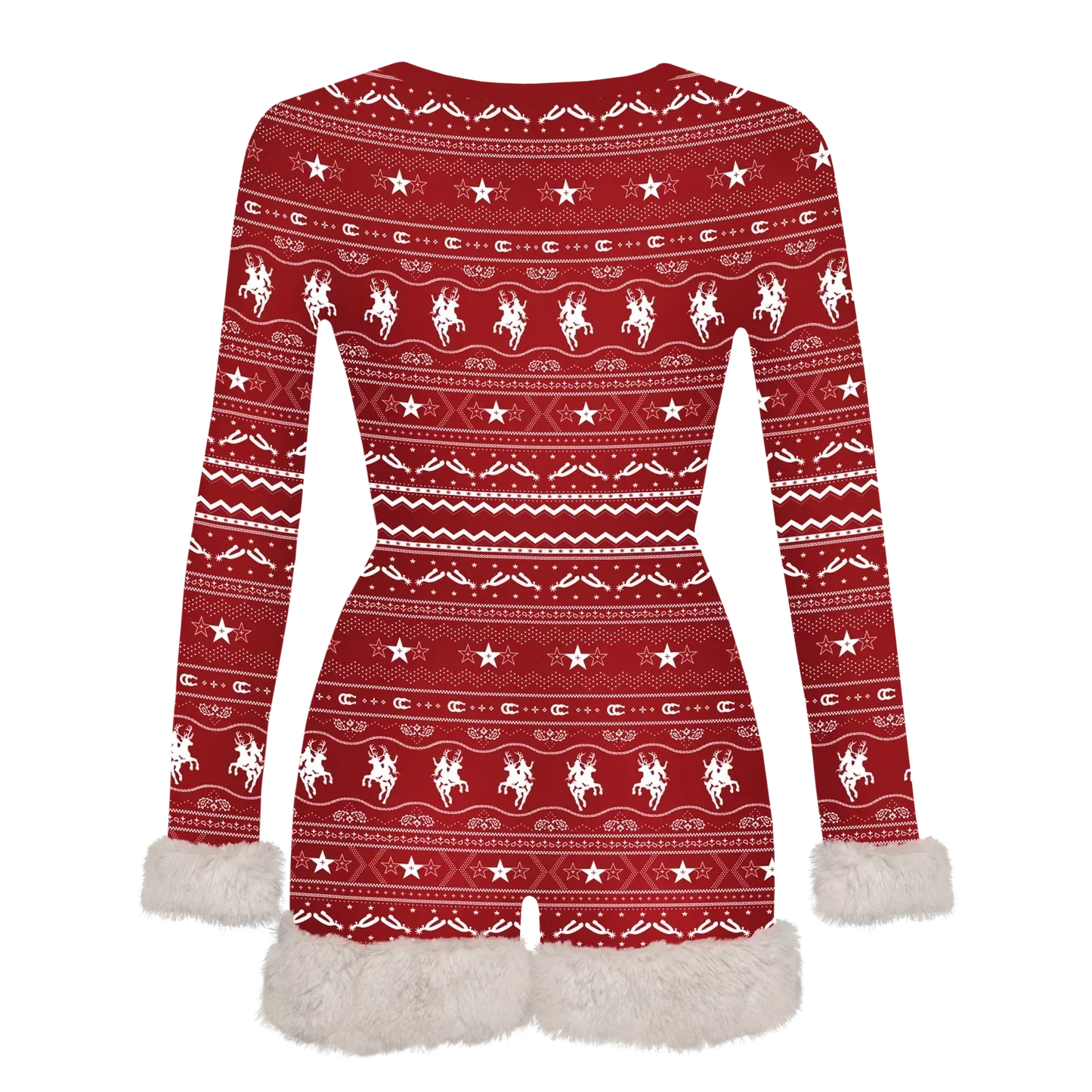 Red romper pajama with allover cowboy and star print and plush white fur trim on sleeves and bottom