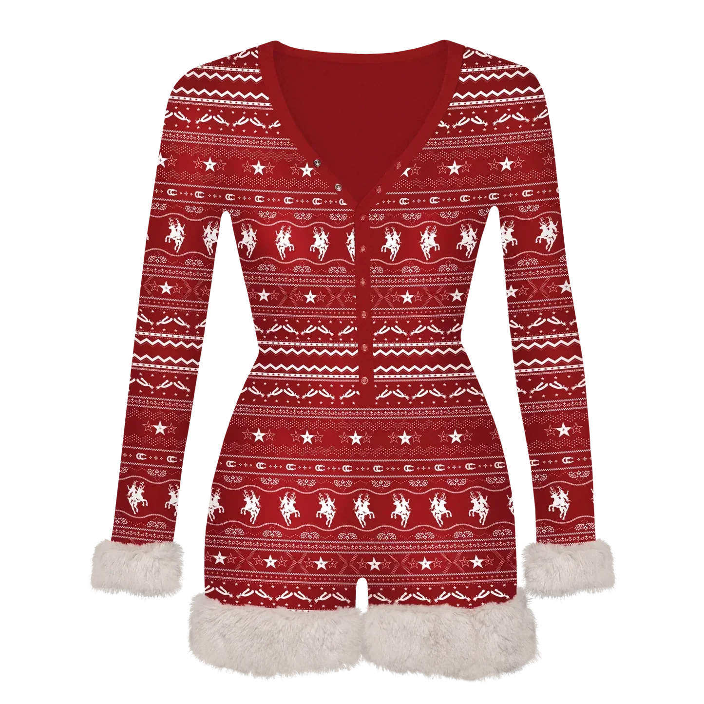 Red romper pajama with festive western pattern and button front design with white fur trim