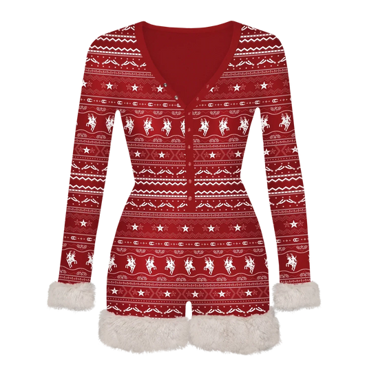 Red romper pajama with festive western pattern and button front design with white fur trim