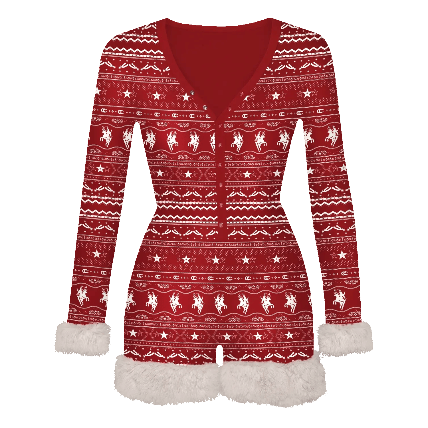 Red romper pajama with white cowboy and star pattern featuring soft fur trim on cuffs and hem