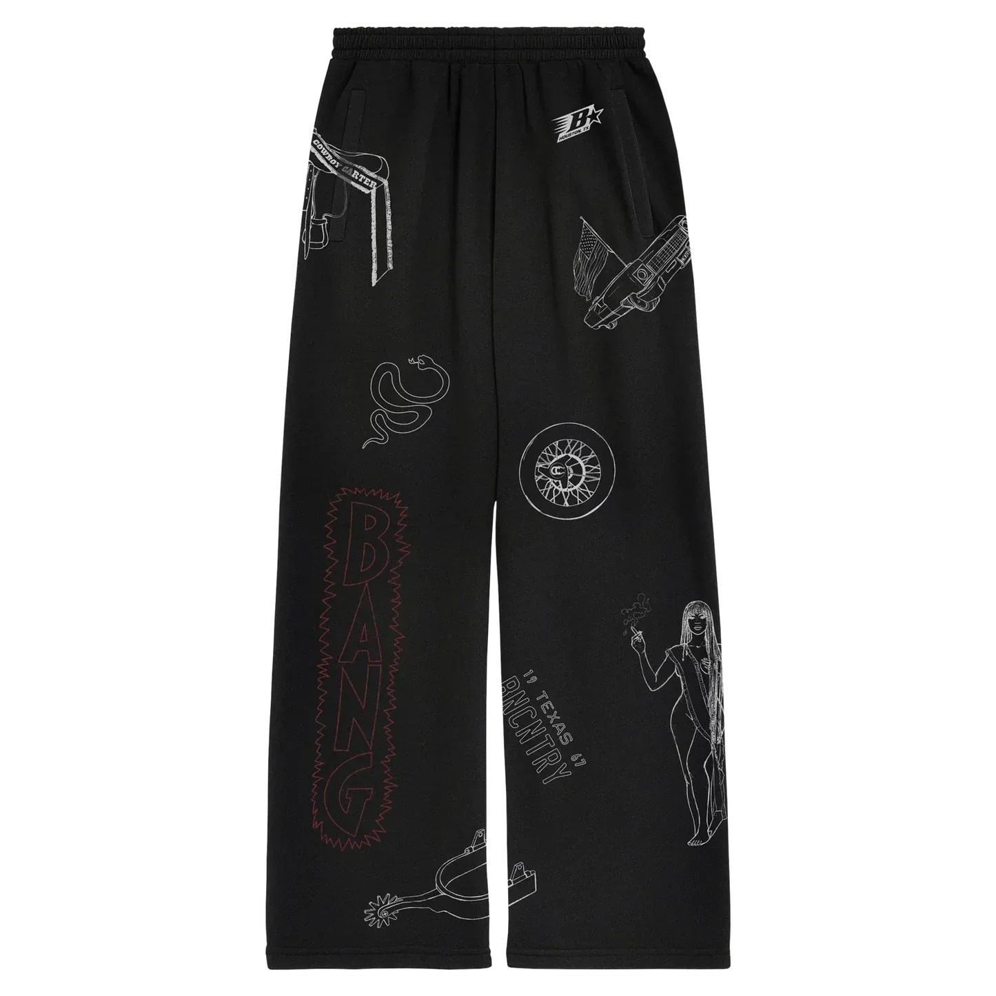 Black sweatpants featuring cowboy themed illustrations and Beyoncé inspired graphic elements