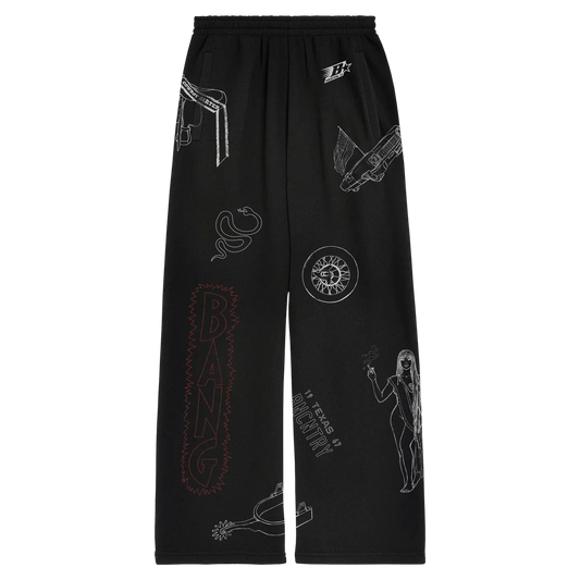 Black sweatpants featuring cowboy themed illustrations and Beyoncé inspired graphic elements