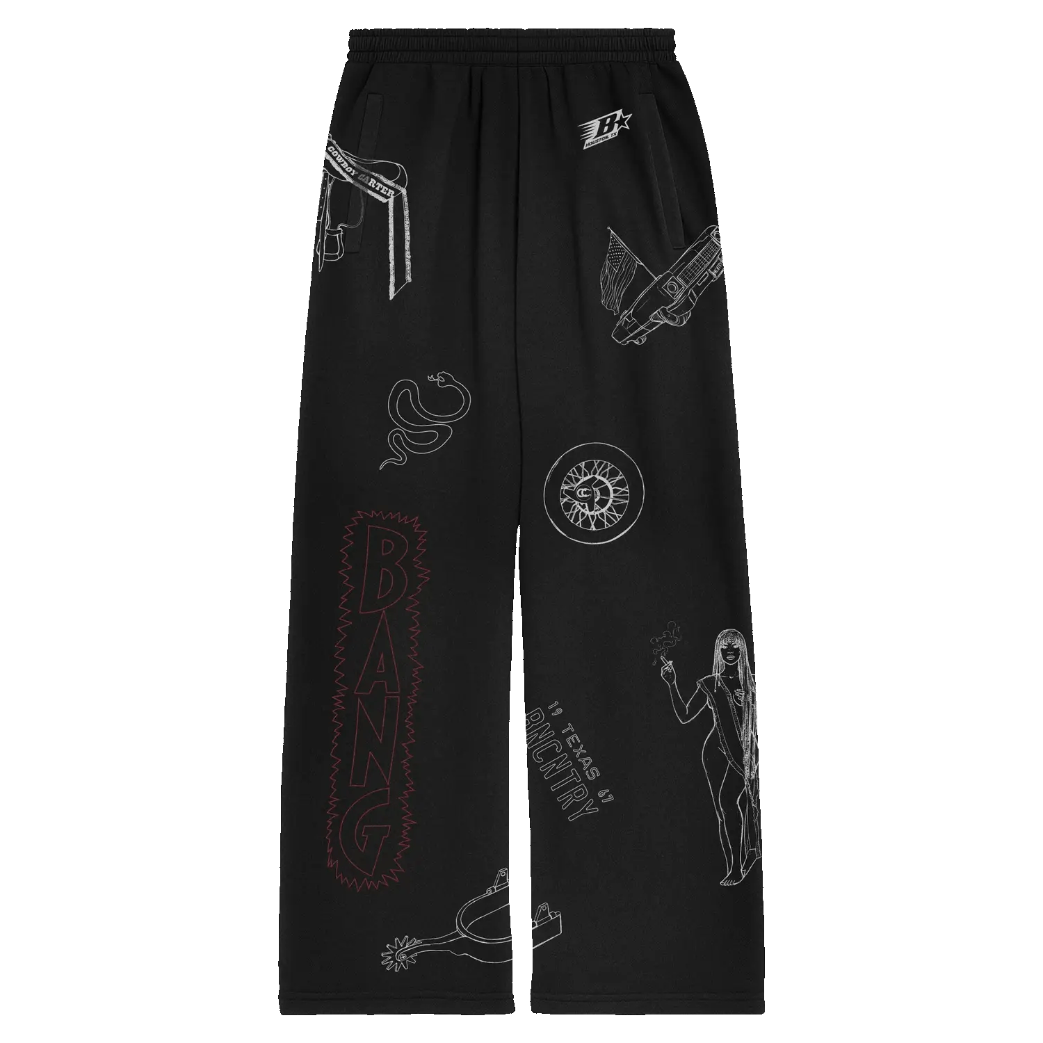 Black sweatpants with western graphics including snake, car and bold BANG text detail