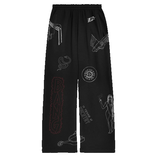 Black sweatpants with western graphics including snake, car and bold BANG text detail