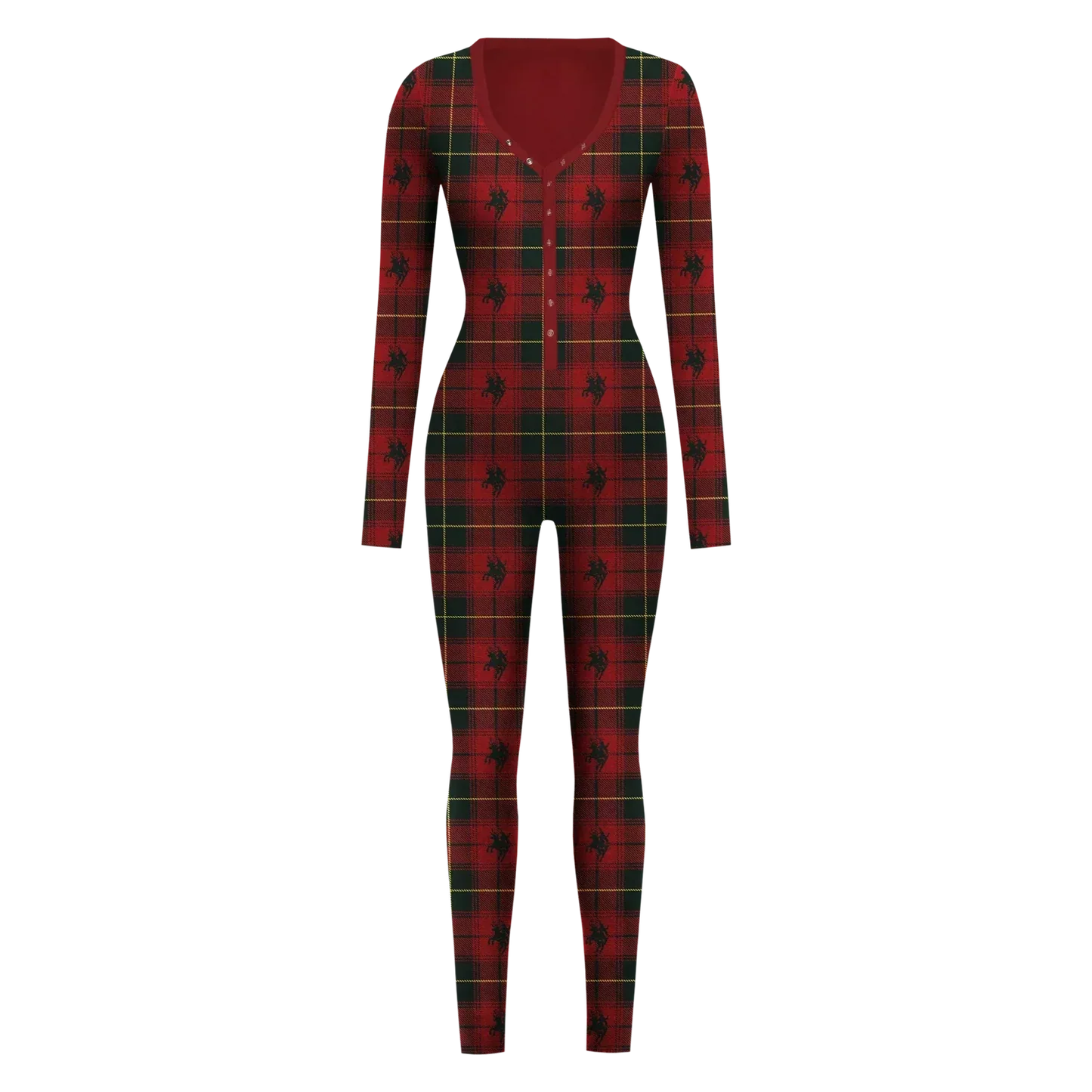 Red plaid full length onesie with western inspired cowboy print and fitted silhouette