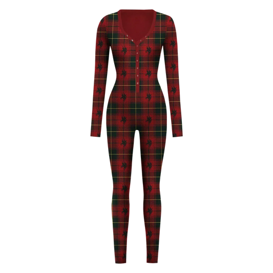 Red plaid full length onesie with western inspired cowboy print and fitted silhouette
