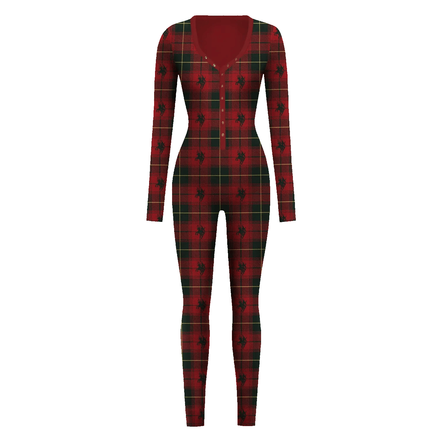 Red plaid onesie with green lines and small cowboy motifs featuring button front design