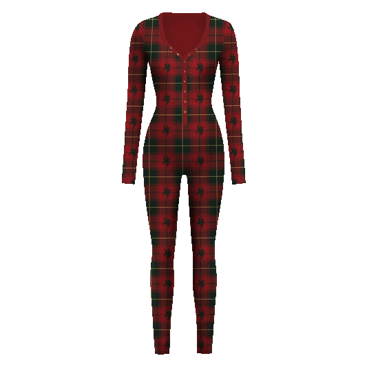 Red plaid onesie with green lines and small cowboy motifs featuring button front design